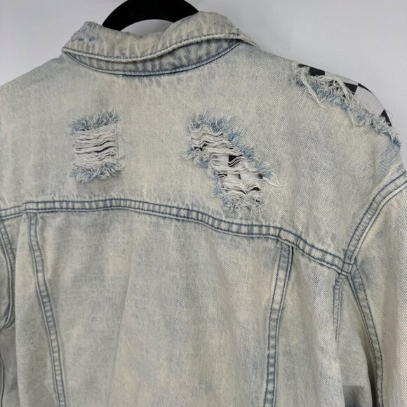PacSun Jean Jacket Mens Medium Blue Distressed Checkered Patch Trucker Denim Siz - Picture 10 of 14